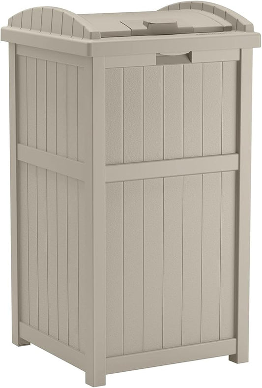 Suncast Hideaway Outdoor Trash Can with Lid - 30 Gallon Trash Can, Light Taupe, Decorative Wicker-Style Garbage Bin, Weather-Resistant Resin Fits 30-33 Gallon Bags, Ideal for Patio & Yard, Made in USA