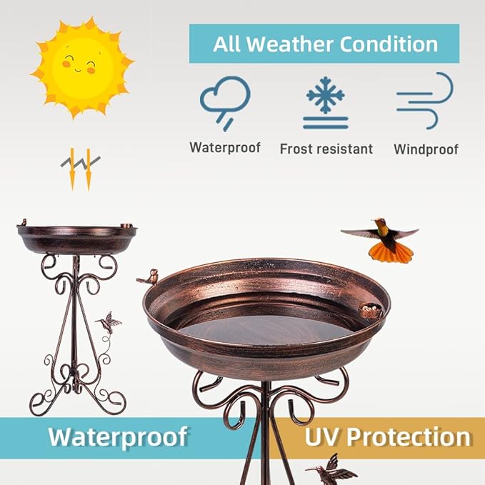 dreamysoul Large Bird Bath with Metal Pedestal, 18" Dia Antique Copper Outdoor Birdbath with Bird Feeder for Garden Outside Patio Yard Decor