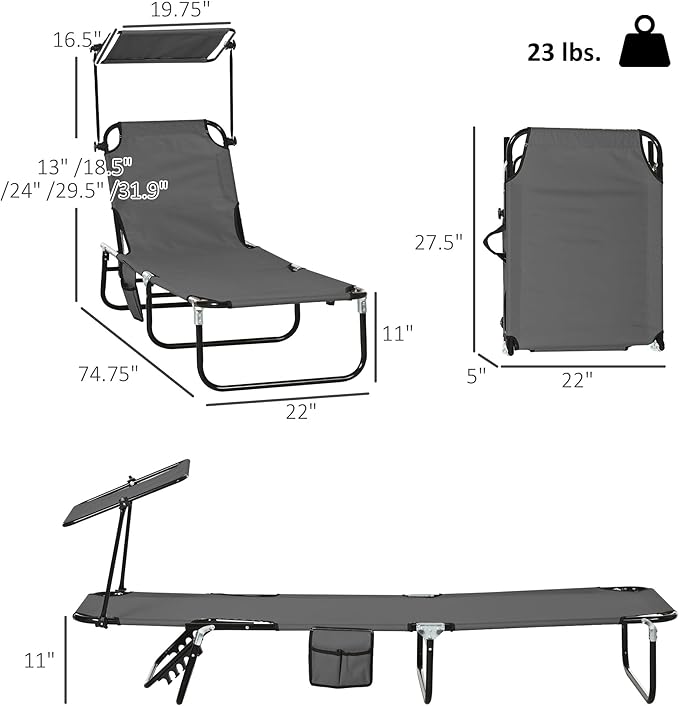 Outsunny Folding Chaise Lounge Pool Lounge Chairs Set of 2, Outdoor Sun Tanning Chairs with Canopy Shade, Reclining Back, Steel Frame and Side Pocket for Beach, Yard, Patio, Dark Gray
