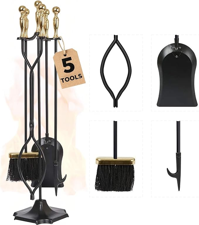 AMAGABELI GARDEN & HOME Fireplace Tools Set 5 Pieces Log Gold Handle Wrought Iron Fire Set with Stand Holder Fireset Fire Pit Indoor Outdoor Tongs Shovel Brush Poker Wood Stove Hearth Accessories