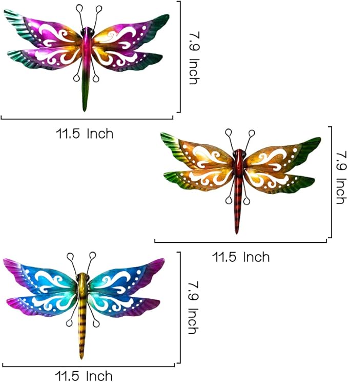 Dragonfly Garden Decor, 3 Pack Colorful Metal Dragonfly Wall Decor, Outdoor Decor Art for Patio, Yard, Fence, Garden, Outside, Backyard, Balcony