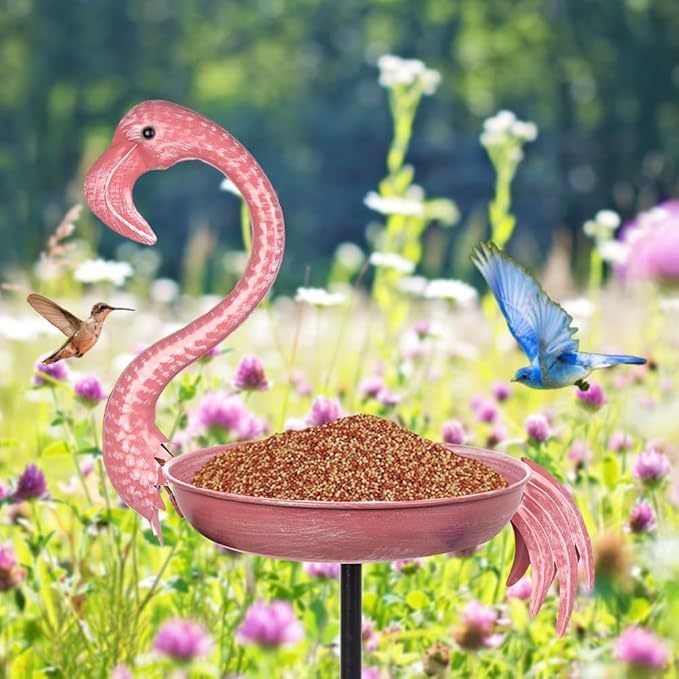 Pink Flamingo Bird Bath - 12-inch Metal Outdoor Bird Bath with 5-Prong Ground Stake, Rust-Resistant Garden Feeder for Patio Decor, Bird Lover Gift