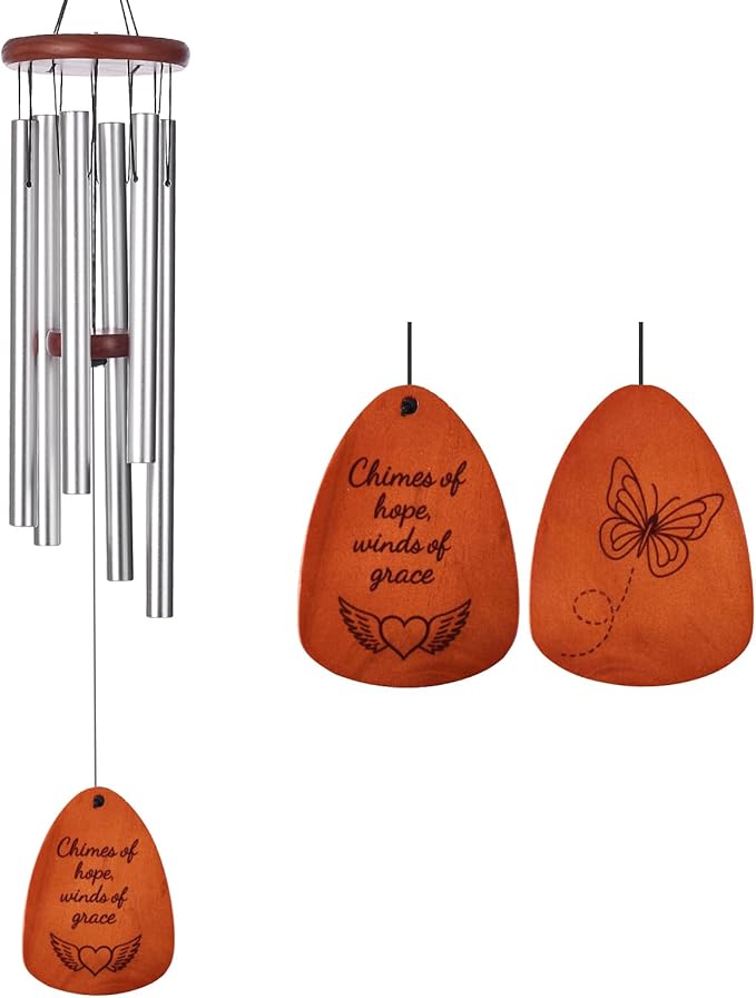 Inspirational Wind Chimes for Outside – Deep Tone Chimes with Wooden Sail | Outdoor Hanging Decor for Patio & Garden | Unique Designs, Healing Gift of Peace & Comfort (Silver, 32 Inch)