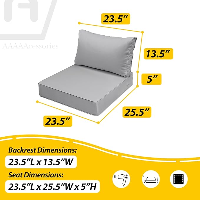 AAAAAcessories Outdoor Deep Seat Cushions, Waterproof, Fade-Resistant Patio Furniture Replacement Cushions, 23.5" x 25.5" x 5" + 23.5" x 13.5", Set of 4, Gray
