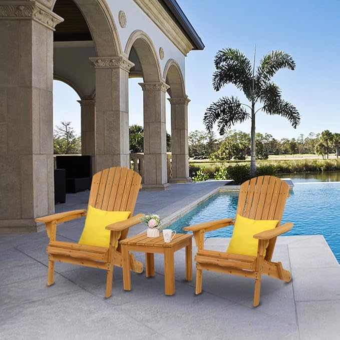 Outvita Wood Adirondack Chair Set of 2, Folding Wooden Lounge Seating, All Weather Outdoor Furniture Chair with Clearance Weather Resistant for Garden Fire Pit Yard Beach Campfire - Teak