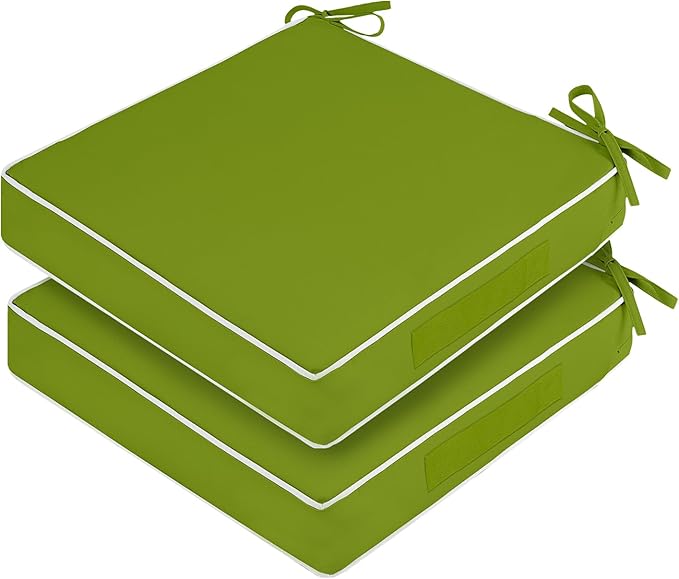 Waterproof Outdoor Chair Cushions Set of 2, Square Outdoor Seat Cushions with Ties and Removable Covers, 22 x 22 Outdoor Cushions for Patio Furniture with Portable Handle(Grass Green/White)