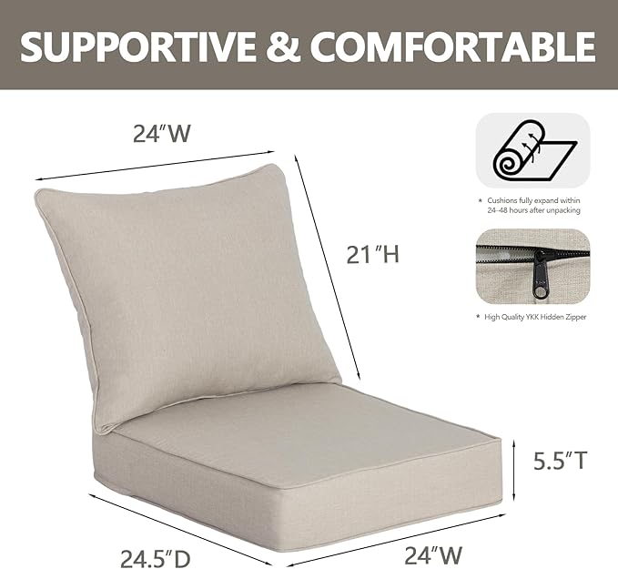 Goodgoods 24 x 24 Outdoor Patio Deep Seat Cushions 2-Pack, 1000+ Hours Fade-Resistant & Water-Resistant Outdoor Furniture Chair Cushions with 30D High-Resilience Foam for Sofa Chair, Putty
