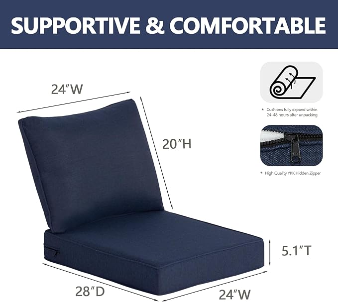 Goodgoods 24 x 28 Outdoor Patio Deep Seat Cushions 2-Pack, 1000+ Hours Fade-Resistant & Water-Resistant Outdoor Furniture Chair Cushions with 30D High-Resilience Foam for Sofa Chair, Midnight