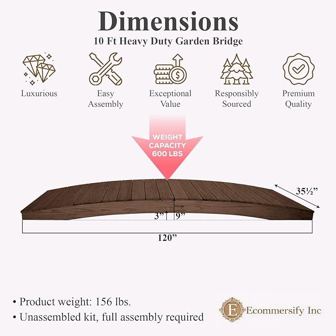 10 FT WALNUT Amish Made Pinewood Heavy Duty Garden Bridge for Walkway, Backyard Pond & Landscaping, Outdoor Wooden Footbridge for Koi Pond, Japanese Style Decorative Bridge, Made in USA