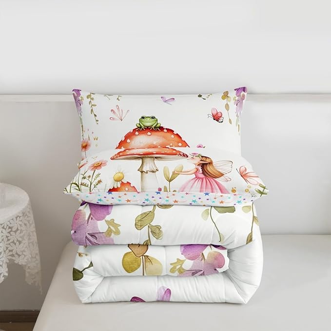 Erosebridal Fairy Garden King Comforter Set - Mushroom & Frog Bedding Sets for Kids Girls, Butterfly Floral Forest Themed Bed Set | Whimsical Fairies Room Decor with 2 Pillowcases