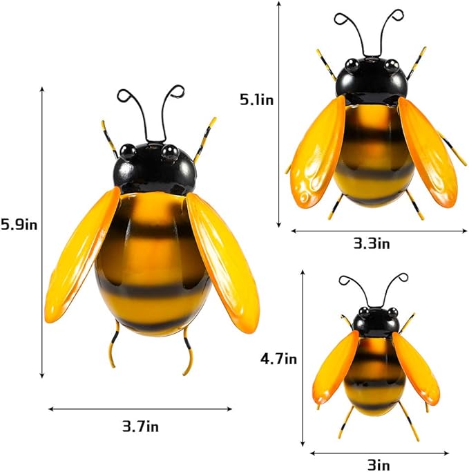 Vindar Metal Wall Art Bee Sculpture Garden Wall Art Decor Set of 3 Bee Outdoor and Indoor Decorative Art Wall Sculptures
