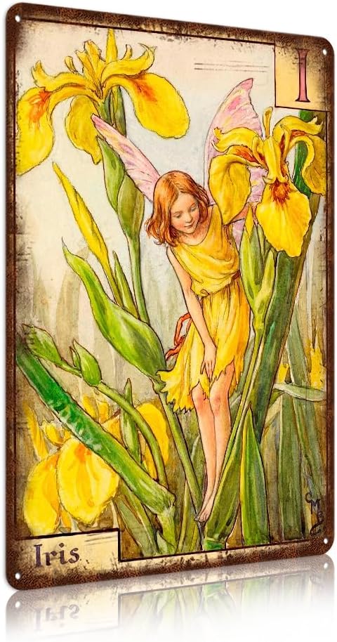 Flower Fairy Wall Decor Vintage Metal Tin Signs Fairy Garden Accessories - Iris