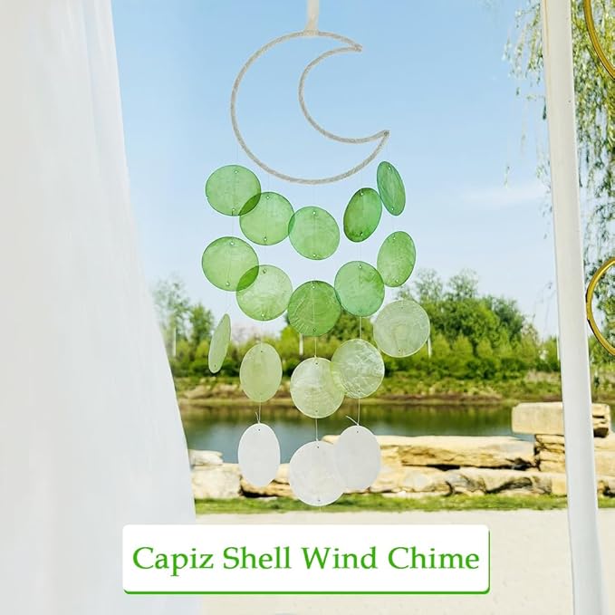 Chic Capiz Shell Wind Chime, Handmade Beach Wind Chimes for Outside, House Decoration for Courtyard, Window, Porch, Unique Gifts for Women (Green)