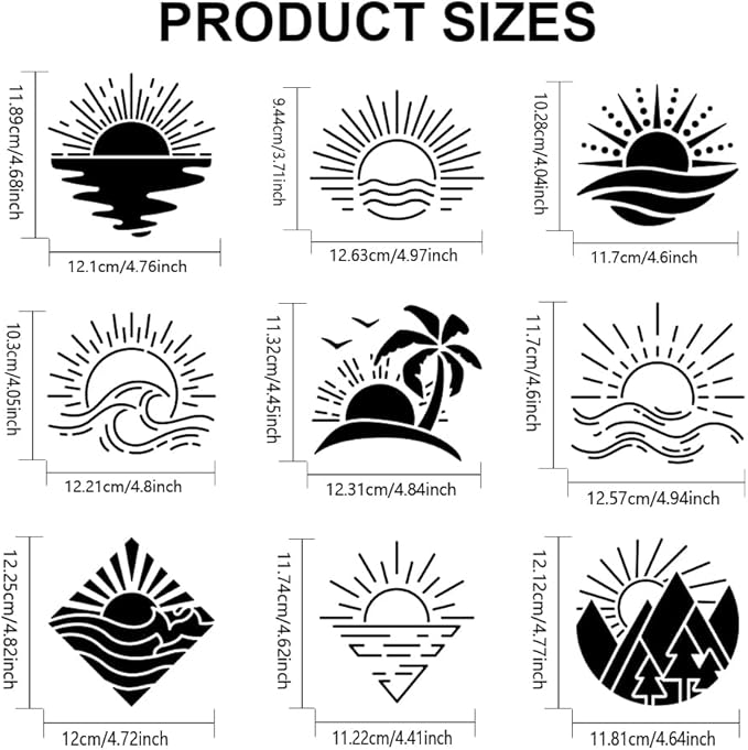MAYJOYDIY 9pcs Sunrise Stencil 6×6inch Boho Sunrise Sunset Stencil for Painting with Paint Brush Sun Sea Waves Coconut Trees Forest Drawing Stencils for Crafts Wood Wall Fabric Paper Wall Furniture