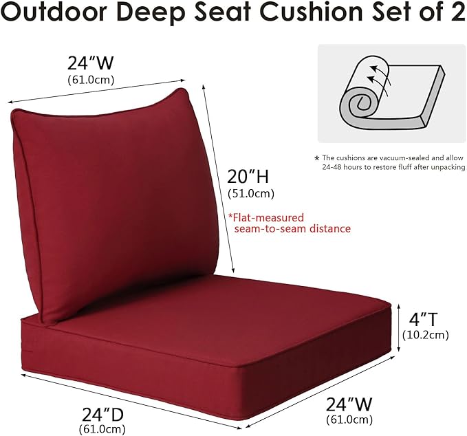 Outdoor Patio Chair Cushions Set, 24" x 24", Set of 2, Water-Repellent, Fade Resistant, Deep Seat Bottom and Back Cushion for Backyard, Couch, Sofa and Patio Furniture, Red