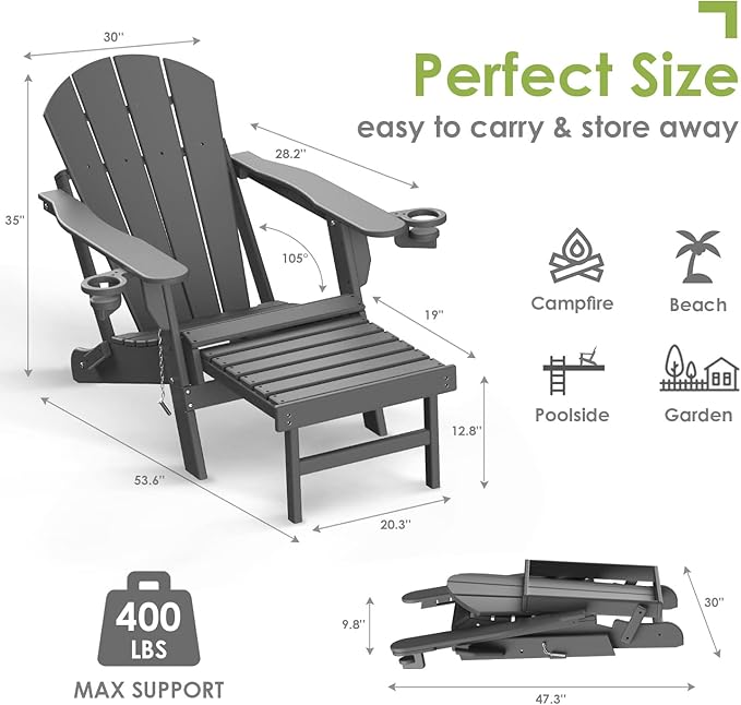 GREENVINES Adirondack-Chairs-with-Ottoman | Set of 2 | Folding | Retractable-Footrest | HDPE Plastic | All Weather Fire Pit Chair | Cup Holders | Grey | for Outdoor Poolside