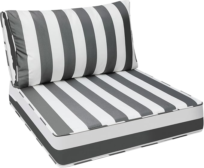 AAAAAcessories Outdoor Seat Cushions for Chairs, Fade-Resistant, Waterproof Patio Furniture Replacement Cushions, 24" x 24" x 5" + 24" x 13.5", Gray Cabana Stripe