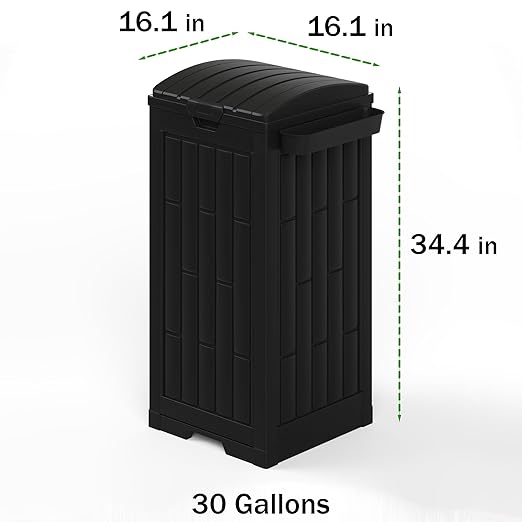 30 Gallon Black Outdoor Trash Can with Hinged Lid, Weather-Resistant Resin Waste Container for Patio, Backyard, Pool Area, Home & Commercial Use