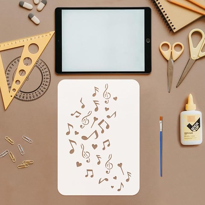 FINGERINSPIRE 4PCS Music Notes Painting Stencil with Plastic Brush 8.3x11.7inch Feathers Dandelions Drawing Template Love Heart Pattern Stencil Music Theme Template for Painting on Wood Furniture