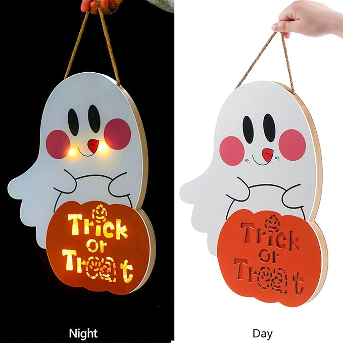 DERAYEE Halloween Door Sign with Light, Haing Ghost Door Decor LED Trick or Treat Hanger Wreath Halloween Outdoor Indoor Decorations