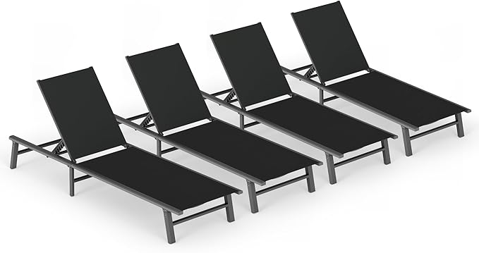 Ciokea Foldable Outdoor Lounge Chair Set of 4, No Assembly Aluminum Chaise Lounge Outdoor with 5-Positions, Aluminum Pool Lounge Chairs with Portable Design for Poolside, Beach, Deck, Patio, Black