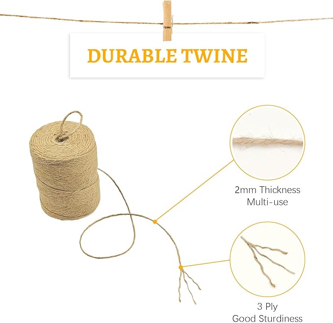 Twine String 600 Feet Long, Jute Rope for Crafts, Hemp Twine Wrapping, Packing Gardening, Crochet Knitting Macrame Decor, 2 mm, 182 m