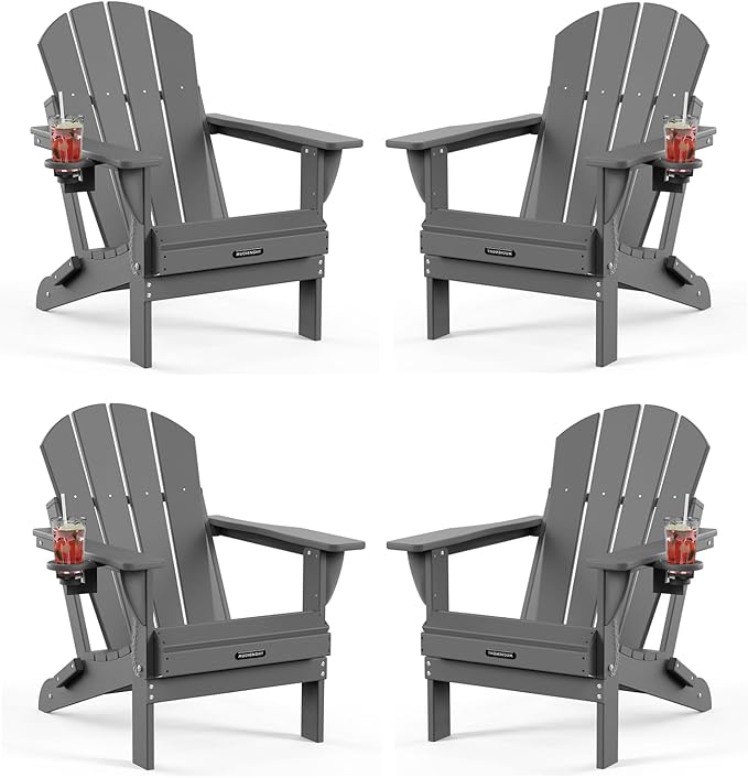 MUCHENGHY Folding Adirondack Chairs HDPE Weather Resistant 4 Pack, Patio Firepit Chairs, Sturdy Outside Chairs, Lawn Chairs, 15min Assembly 380lb Grey