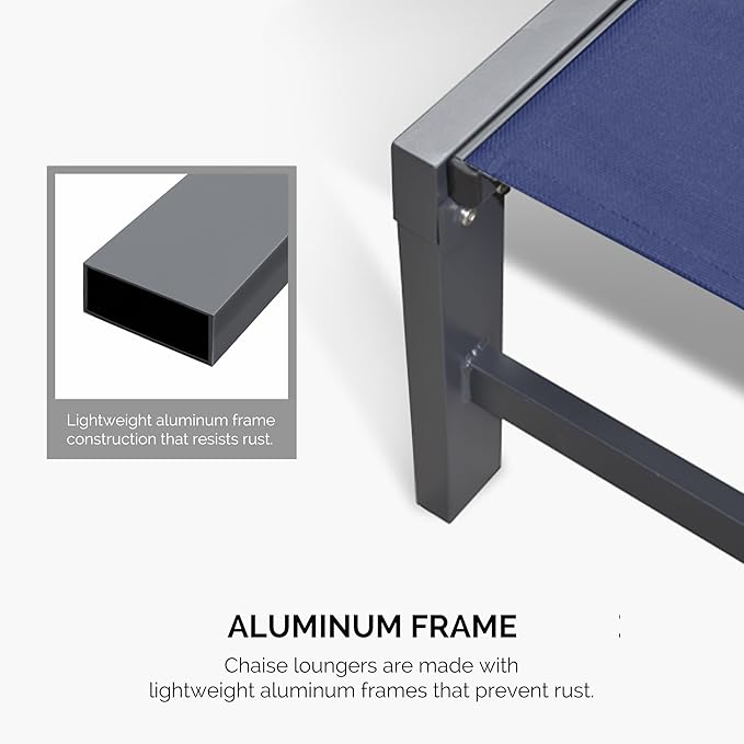 PURPLE LEAF Outdoor Chaise Lounge with Wheels for Outside 2 Pieces Aluminum Patio Lounge Chair with 5 Adjustable Position for Outdoor Beach Yard Pool Side Table Included Navy Blue