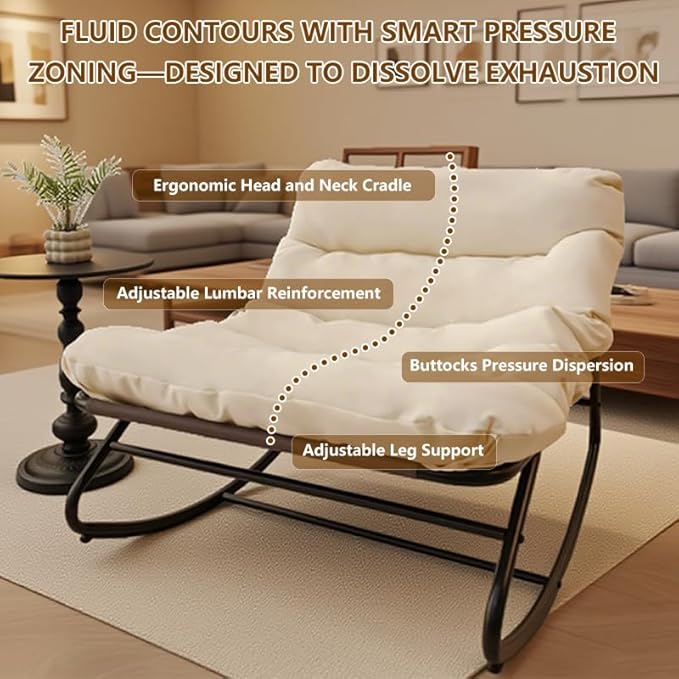 Outdoor Papasan Rocking Chair with Cushion, Oversized Patio Lounge Rocker, Heavy Duty 350 lbs Capacity, Comfortable Indoor & Outdoor Chair for Garden, Lawn, Bedroom, Living Room, White