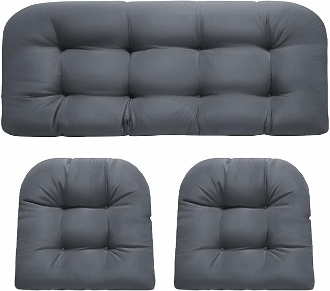 Wicker Chair Cushions, Waterproof Outdoor Loveseat Cushions for Patio Furniture, Tufted Wicker Furniture Cushions, 1 Loveseat and 2 U-Shaped Cushions, Grey