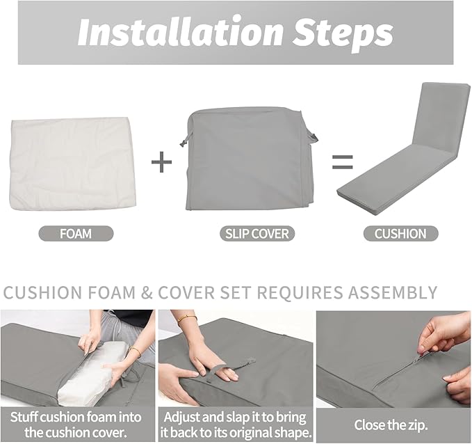 Outdoor Chaise Lounge Cushions for Patio, 71"x22"x3" Lounge Chair Waterproof Replacement Seat Cushions for Outdoor Furniture (Grey, 1 Pcs)