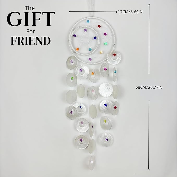 Wind Chimes for Outside Dream Catcher Colorful Stars Capiz Shell Windchime Seashell Sea Glass Beach Coastal Crafts Decor for Garden Patio Yard Unique Outdoor for Women