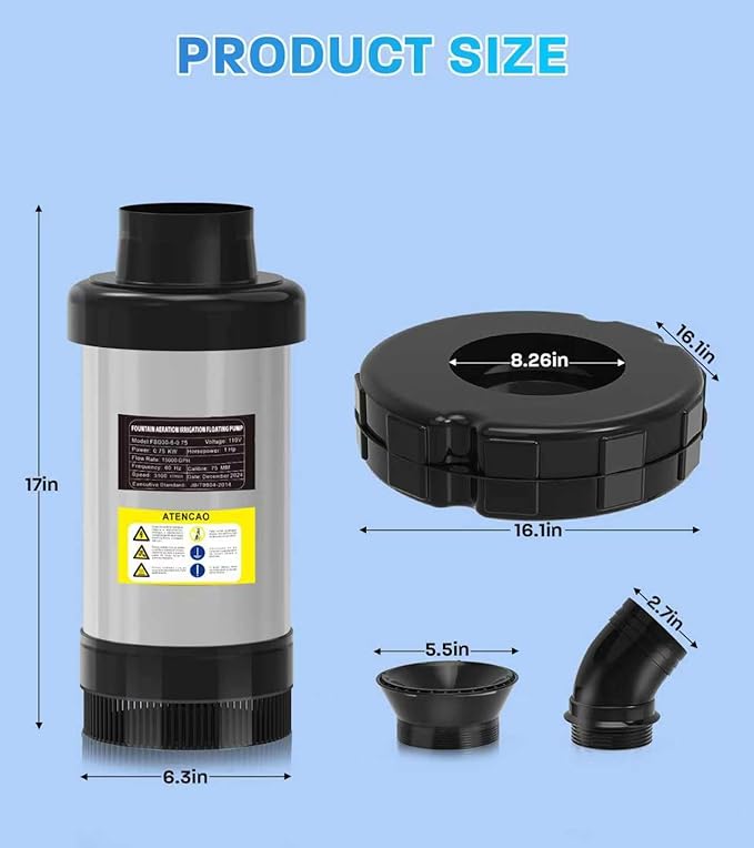 15000 GPH Pond Fountain Aerator, 110V,Floating Pond Fountain Pump with Stainless Steel Body, Pond Aerator Pump for Small & Large Ponds and Lakes (Black)