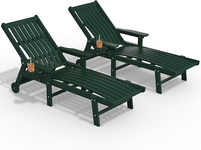 Patio Chaise Lounge Chair Set of 2, Oversized Lounge Chair Outdoor with 5 Positions, HDPE, Patio Lounge Chair with Wheels & Cup Holder for Pool, Deck, Poolside,Green