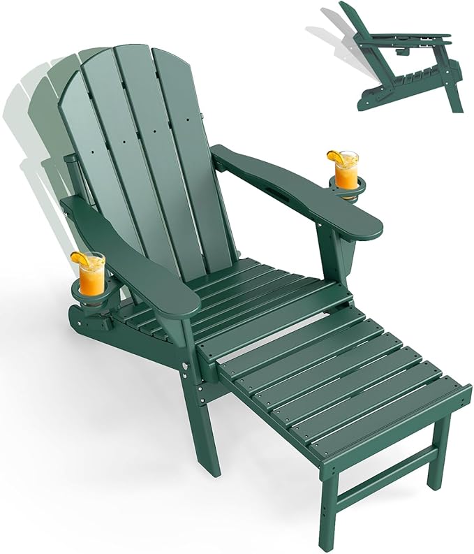 GREENVINES Adjustable Adirondack Chair with Retractable Ottoman | Folding | HDPE Plastic | Fire Pit Chairs w/Foot Rest | 2 Cup Holders | Forest | for Outdoor Patio Poolside Deck