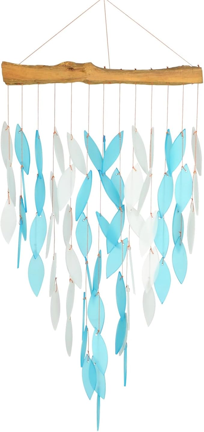 Blue Handworks Blue Waterfall & Driftwood Chime, Sandblasted Glass and Found Wood Handcrafted Wind Chime