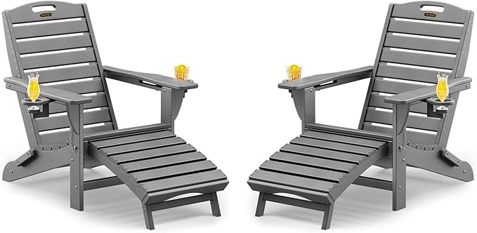 Folding Adirondack Chairs Set of 2,HDPE Adirondack Chair with Retractable Ottoman,Weather Resistant Patio Chair,Outdoor Chairs Set of 2(Gray)