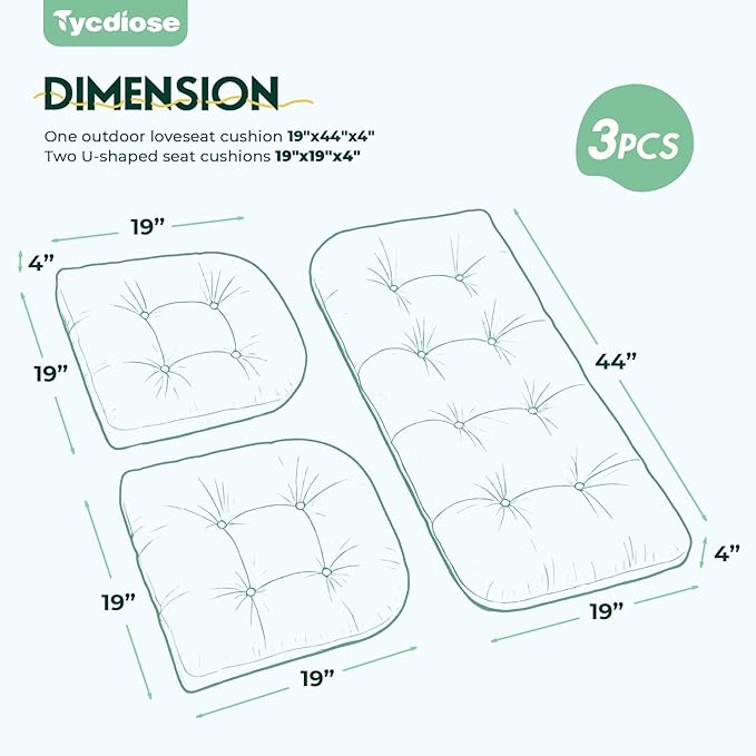 All Weather Outdoor Wicker Chair Cushions of 3 Pieces, Waterproof Outdoor Wicker Chair Cushion for Patio Furniture Loveseat Settee Bench, 1 Loveseat and 2 U-Shaped Thickened Cushions, Cyan