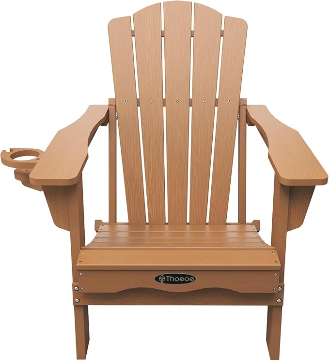 Folding Adirondack Chair Set of 4,HDPE All-Weather Outdoor Chair with Cup Holder,Wooden Textured,Fire Pit Chair,Plastic Patio Chair for Deck,Backyard,Garden,Lawn(Wood)