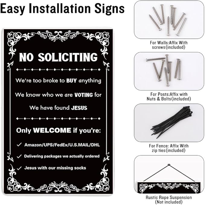No Soliciting Sign For Front Door, No Soliciting Yard Sign 'We'Re Too Broke To Buy Anything' Metal Wall Art Signs for Outside, Funny Metal Signs For Door House Outside Decor 7.8 X 11.8 Inch