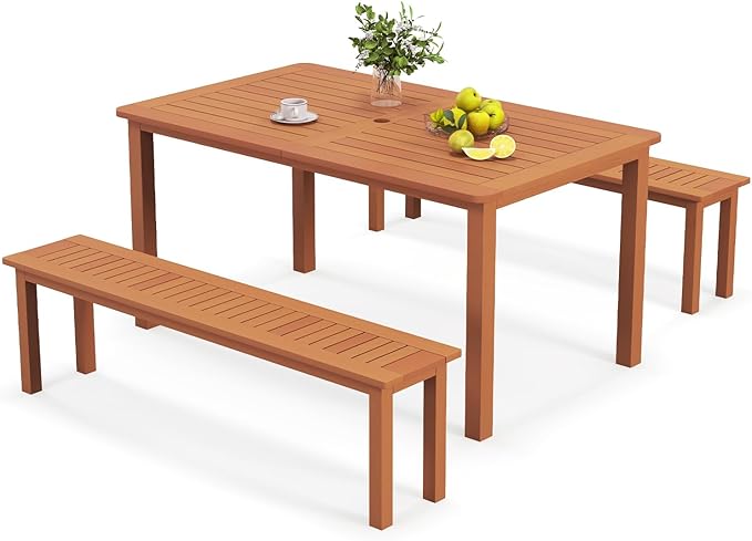 Tangkula Set of 3 Patio Dining Set for 4, Solid Wood Dining Table with 2 Benches, Outdoor Table Bench with 2” Umbrella Hole & Teak Oil Finish, Dining Furniture Set for Yard, Deck, Porch, Indoors
