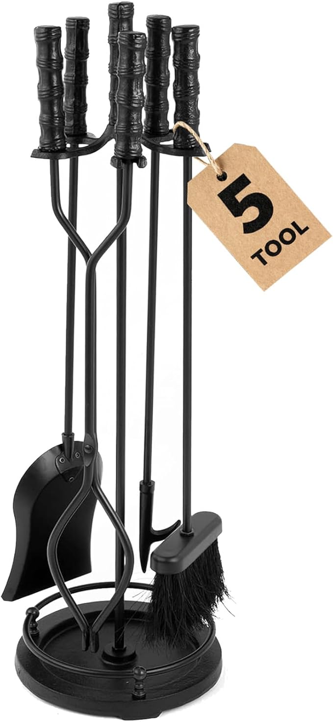 AMAGABELI Garden & Home 5 Pieces Fireplace Tools Sets Wrought Iron Indoor Fireplace Set with Poker Tongs Broom Shovel Stand Fire Tools Outdoor Fire Place Fire Pit Hearth Accessories Sets Black
