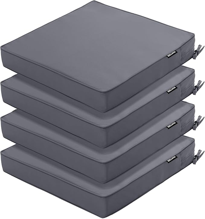 4 Pack Outdoor Chair Cushions 19 x 19 Inch Waterproof Patio Chair Cushions with Tie 5 Year Color Fastness Thick Outdoor Seat Cushion for Garden Lawn Patio Furniture Dark Grey