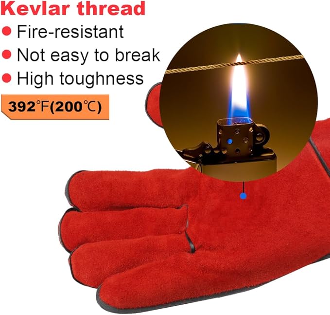 AUAUY Heat & Fire Resistant Gloves Leather BBQ Gloves Wear Resistant Heavy-Duty Welding Gloves for Grinding,Baking,Gardening