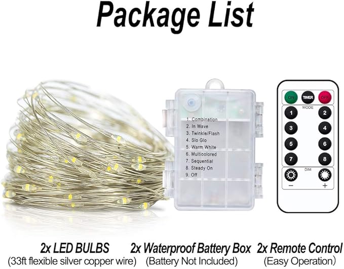 LED Fairy String Lights Battery Operated,2 Pack 33ft 100 LED Waterproof Cool White Twinkle Firefly String Lights with Remote& 8 Lighting Modes Indoor Outdoor Christmas Patio Party Decor