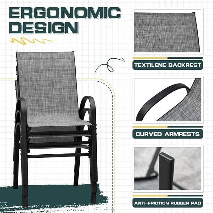 Devoko 4-Pack Stackable Patio Chairs Heavy-Duty Rust-Resistant Outdoor Dining Chairs with Ultra-Comfort Textilene Fabric for Deck, Porch, Garden & Balcony (Grey)