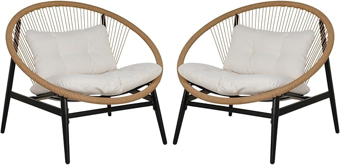 Grand patio Oversized Outdoor Chairs Set of 2, Wicker Patio Chairs with Beige Cushion, Outdoor Furniture Set for Porch Balcony Deck Garden