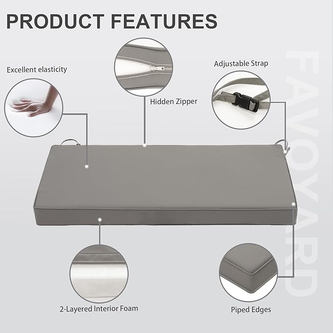 Favoyard Outdoor Bench Cushion 48 x 18 Inch Waterproof Patio Furniture Cushions 3-Year Color Fastness Garden Sofa Settee Couch Swing Pads with Handle and Adjustable Straps, Light Gray