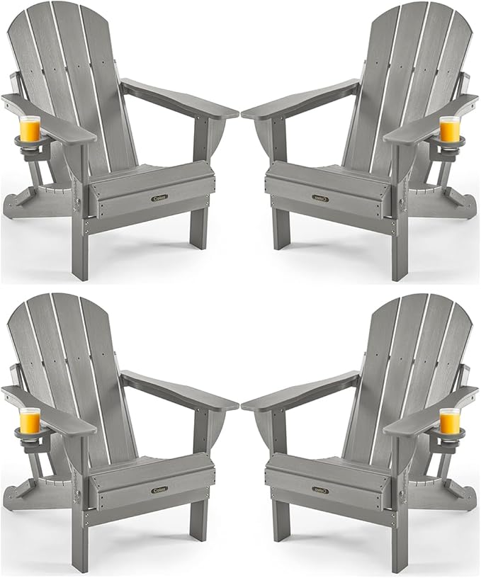 Ciokea Folding Adirondack Chair Wood Texture 4 Pack, Patio Adirondack Chair Weather Resistant, Plastic Fire Pit Chair with Cup Holder, Lawn Chair for Outdoor Porch Garden Backyard Deck (Grey)