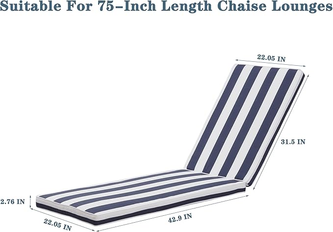 Only choice Outdoor Lounge Chair Cushions Patio Chaise Lounge Replacement Cushions Funiture Seat Cushions Chair Pads(Blue+White Stripes-1 pcs)